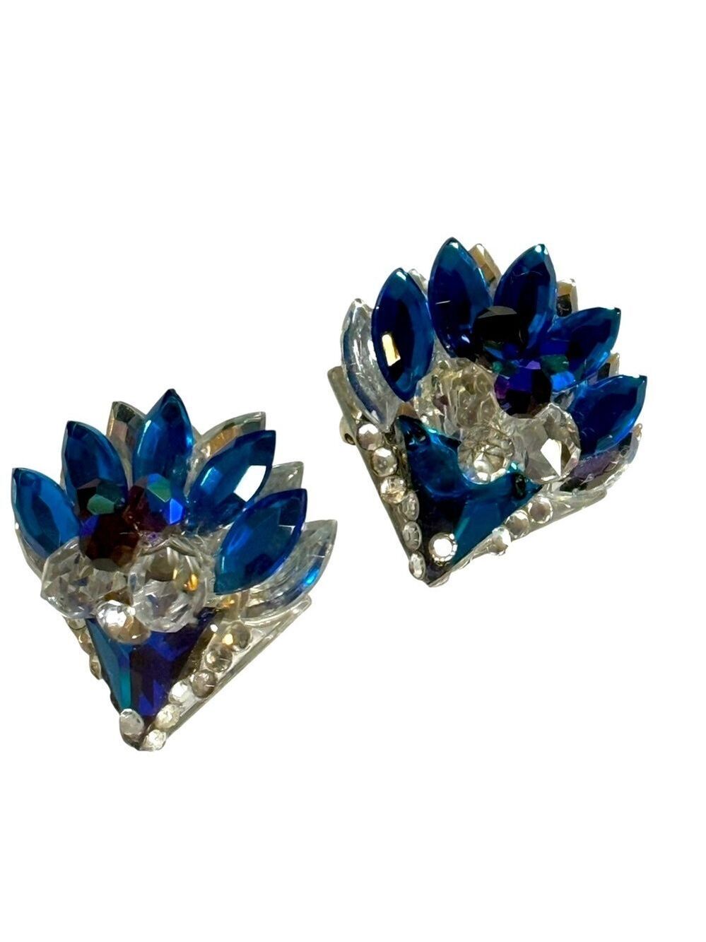 Retro Blue/Silver Crystal Clip on Earrings 1 1/2 x 1 inch